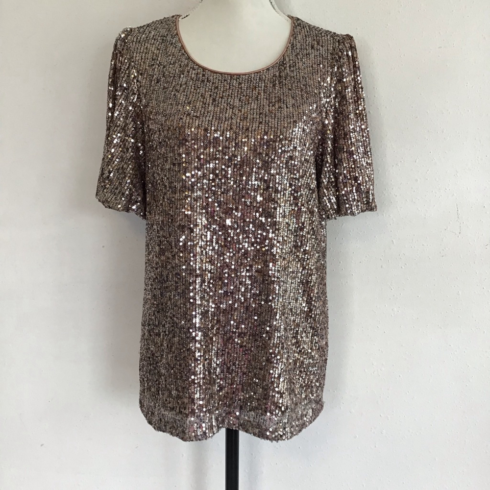 FSL Apparel Women Elegant Gold Sequin Short Sleeve Event Top M